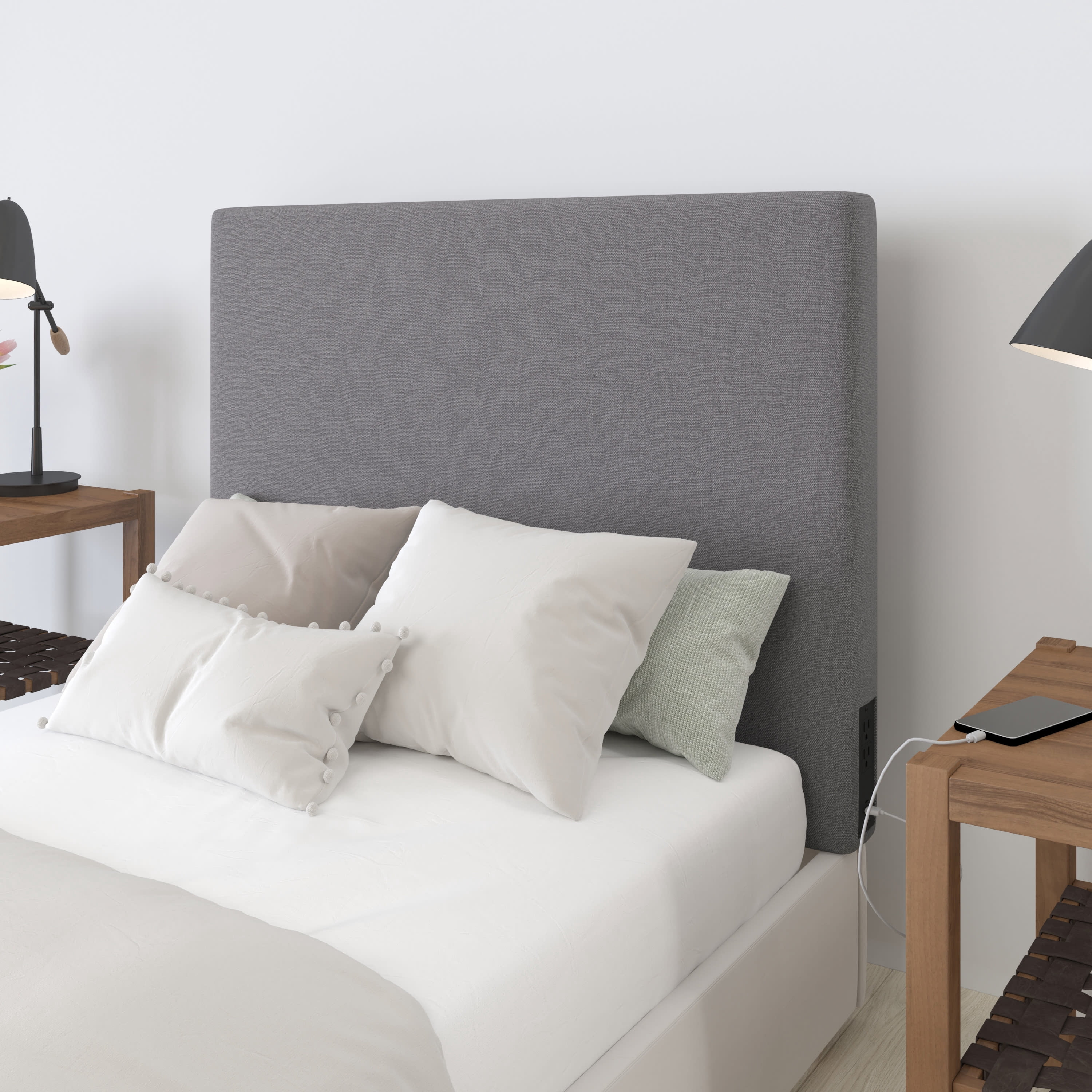 Merrick Lane Gray Faux Linen Twin Headboard with Stylish Upholstery, Dual Hanging Options, Charging Station with 2 Outlets, USB Port, USB-C Port