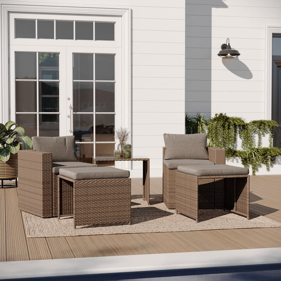 Merrick Lane Gray/Natural Woven Rattan Modular Sofa Set for Indoor/Outdoor Use with Loveseat, Two Ottomans, and Tempered Glass Table