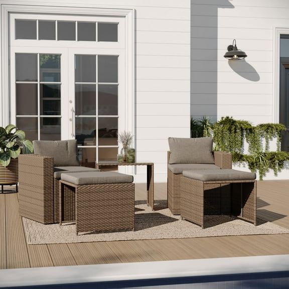 Merrick Lane Gray/Natural Woven Rattan Modular Sofa Set for Indoor/Outdoor Use with Loveseat, Two Ottomans, and Tempered Glass Table