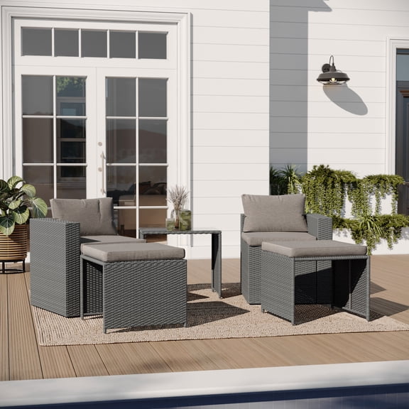 Merrick Lane Gray Woven Rattan Modular Sofa Set for Indoor/Outdoor Use with Loveseat, Two Ottomans, and Tempered Glass Table