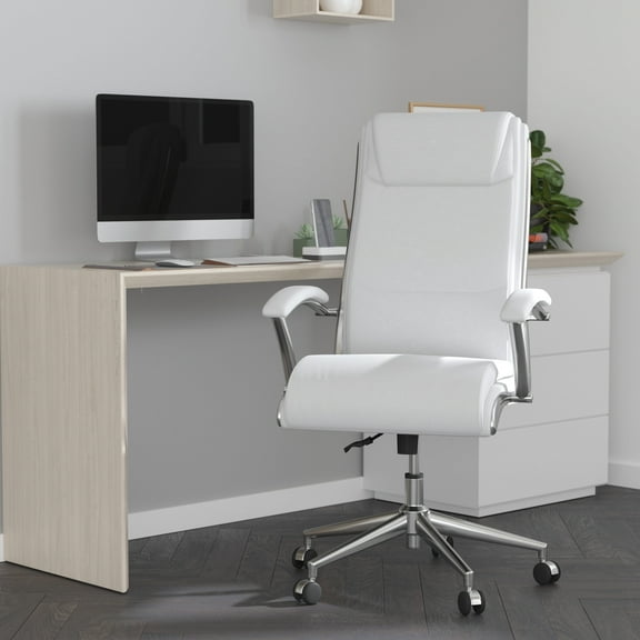Merrick Lane High-Back Office Chair with Padded Arms Ergonomic Executive Swivel Task Chair with Headrest In White Faux Leather