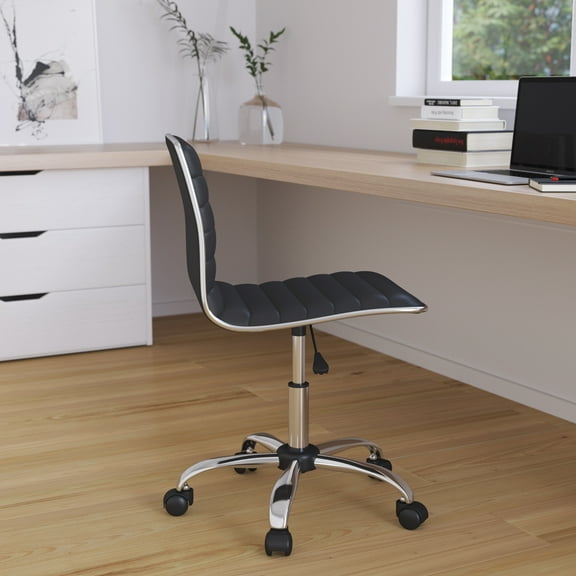 Merrick Lane Home Office Chair Ergonomic Black Ribbed Low Back and Seat Armless Contemporary Computer Desk Chair with Chrome Border