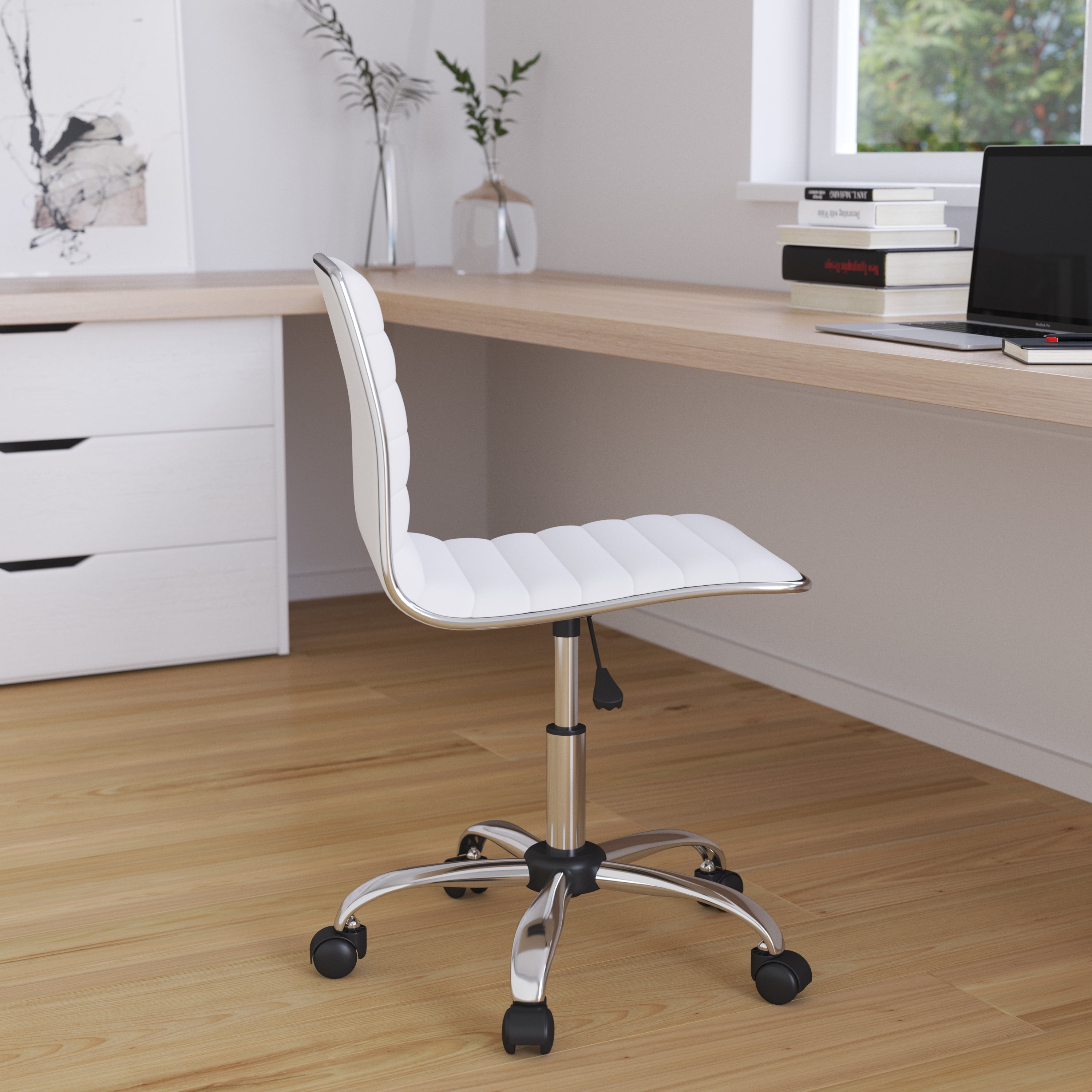 Merrick Lane Home Office Chair Ergonomic White Ribbed Low Back and Seat Armless Contemporary Computer Desk Chair with Chrome Border