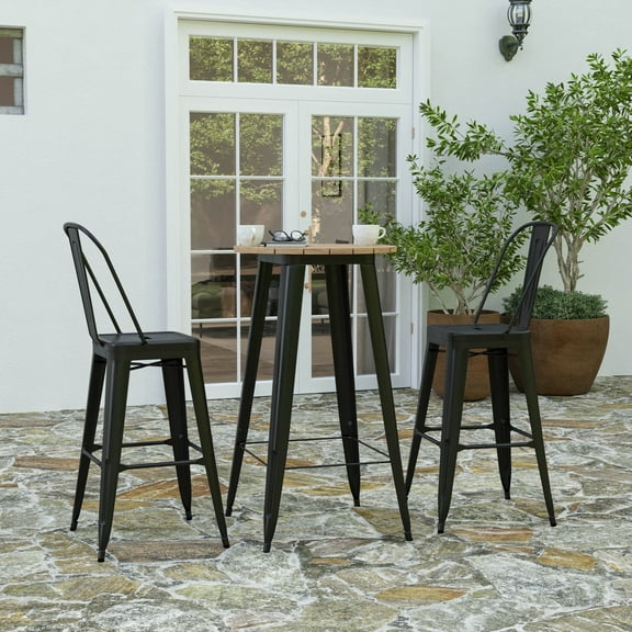 Merrick Lane Indoor/Outdoor Bar Top Table, 23.75" Round All Weather Brown Poly Resin Top with Black Steel base