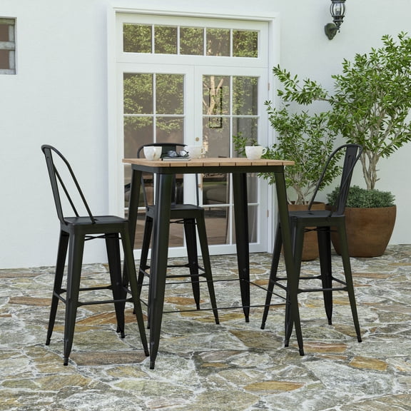 Merrick Lane Indoor/Outdoor Bar Top Table, 31.5" Square All Weather Brown Poly Resin Top with Black Steel base
