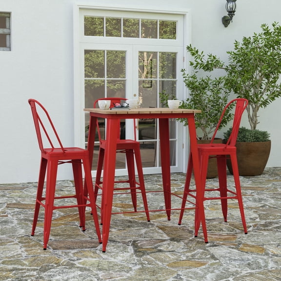 Merrick Lane Indoor/Outdoor Bar Top Table, 31.5" Square All Weather Brown Poly Resin Top with Red Steel base