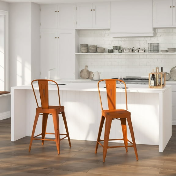 Merrick Lane Indoor-Outdoor Collection Square Seat with Footrest Slat Back Counter Stool, Orange