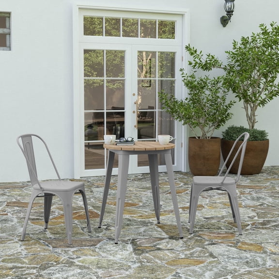 Merrick Lane Indoor/Outdoor Dining Table, 23.75" Round All Weather Brown Poly Resin Top with Silver Steel Base