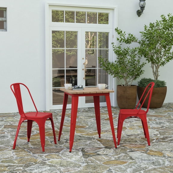Merrick Lane Indoor/Outdoor Dining Table, 23.75" Square All Weather Brown Poly Resin Top with Red Steel Base