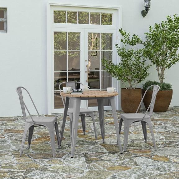 Merrick Lane Indoor/Outdoor Dining Table, 30" Round All Weather Brown Poly Resin Top with Silver Steel Base