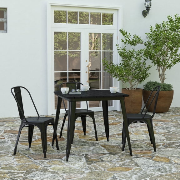 Merrick Lane Indoor/Outdoor Dining Table, 31.5" Square All Weather Black Poly Resin Top with Black Steel Base