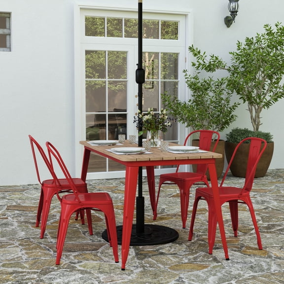 Merrick Lane Indoor/Outdoor Dining Table with Umbrella Hole, 30" x 60" All Weather Brown Poly Resin Top and Red Steel Base