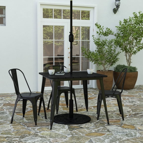 Merrick Lane Indoor/Outdoor Dining Table with Umbrella Hole, 36" Square All Weather Black Poly Resin Top and Black Steel Base