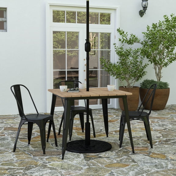 Merrick Lane Indoor/Outdoor Dining Table with Umbrella Hole, 36" Square All Weather Brown Poly Resin Top and Black Steel Base