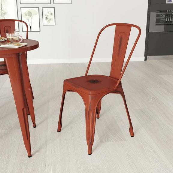 Merrick Lane Indoor/Outdoor Kelly Red Stacking Metal Dining Chair with Single Slat Back and Distressed Powder Coated Finish