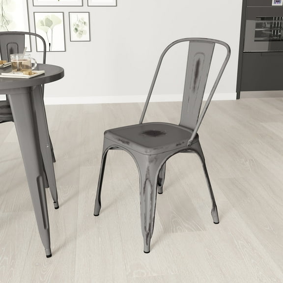 Merrick Lane Indoor/Outdoor Silver Gray Stacking Metal Dining Chair with Single Slat Back and Distressed Powder Coated Finish
