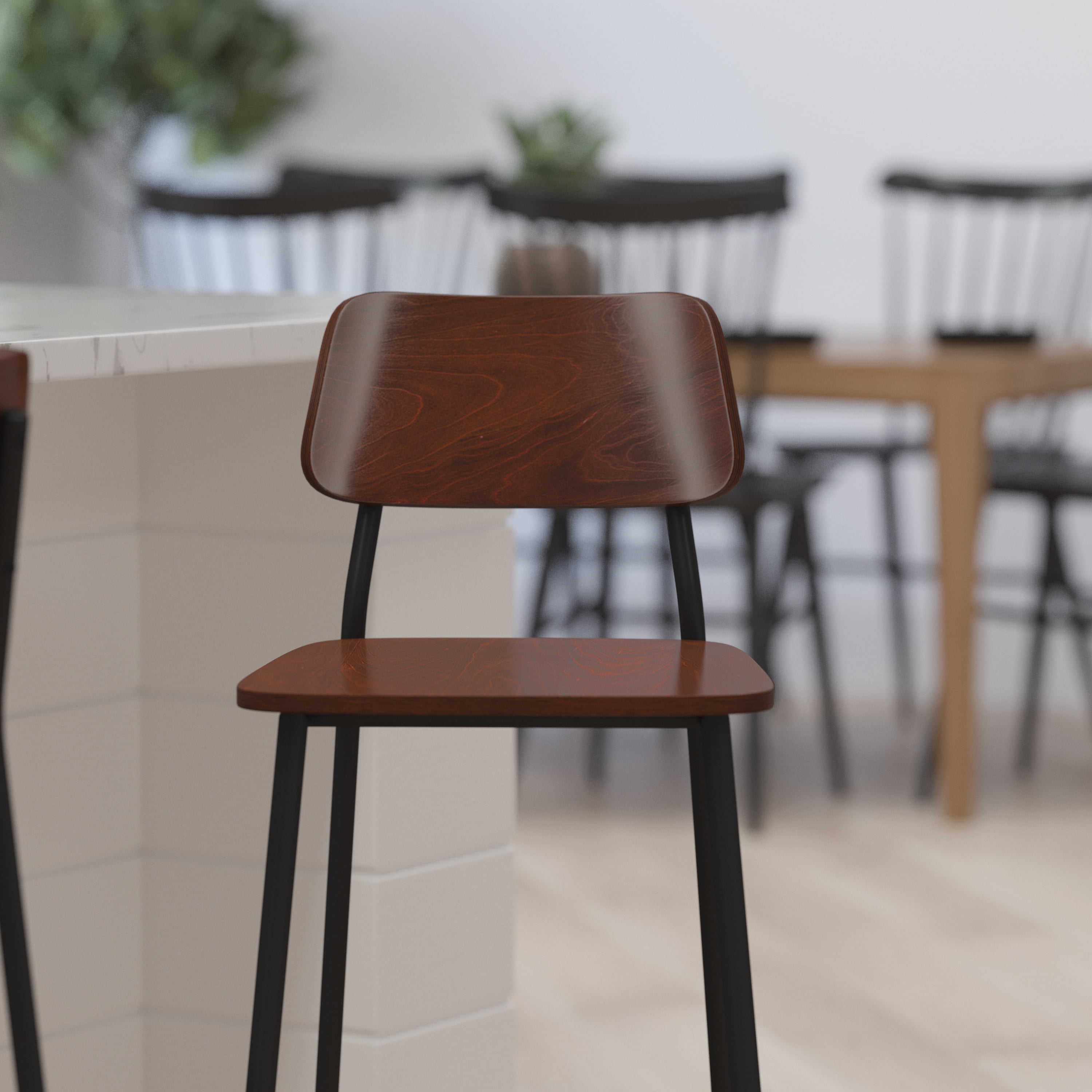 Merrick Lane Industrial Bar Stool, Curved Wood Seat, Gunmetal Steel ...