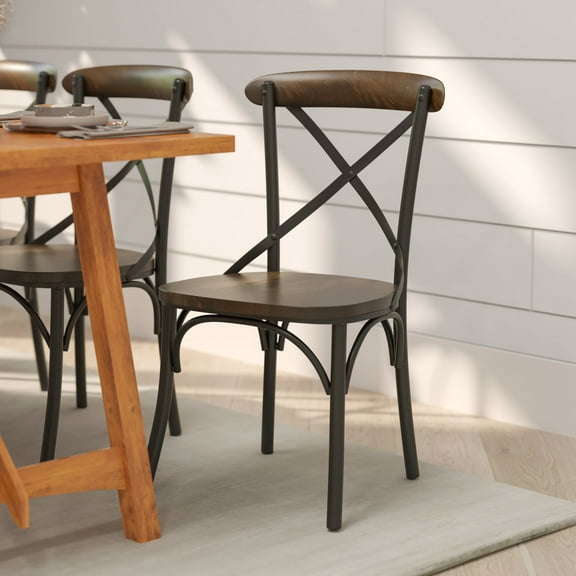 Merrick Lane Industrial Style Metal X-Back Dining Chair with Fruitwood Finished Seat and Back