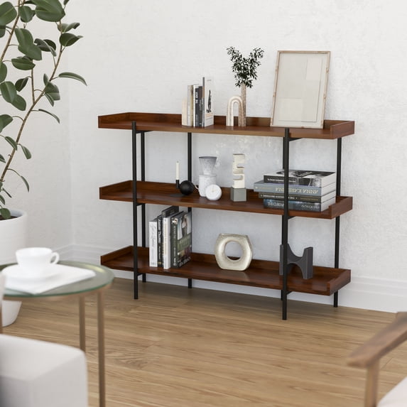 Merrick Lane Industrial Style Rustic Brown 3 Tiered Shelving Unit With Black Metal Frame and Raised Border - 35"H