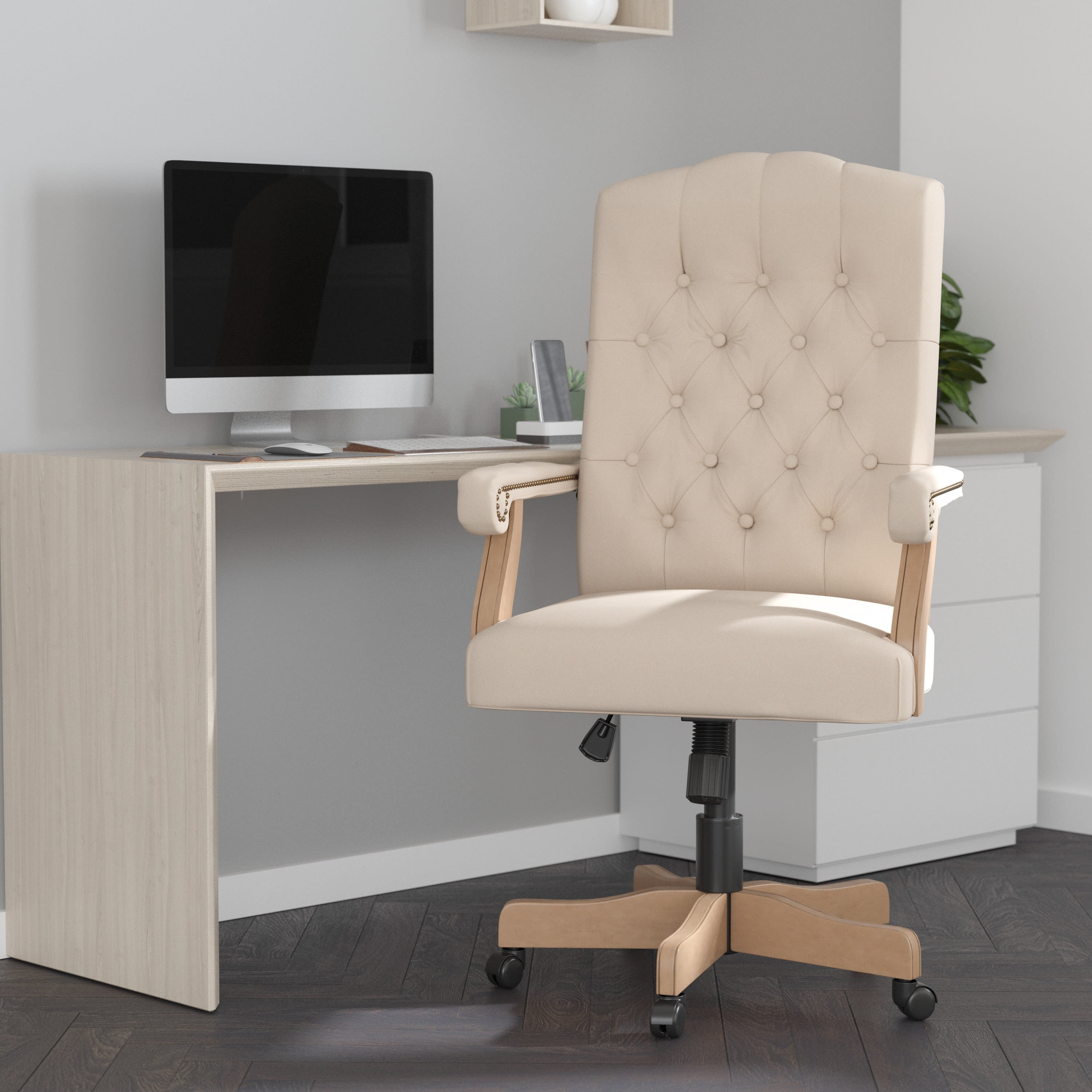 Ivory Ultra-Suede High-Back Swivel Office Chair with Driftwood Metal Base