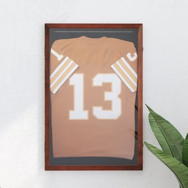 Merrick Lane Jersey Display Case, 24x36, Hanger Display, Solid Pine Wood, Mahogany Finish