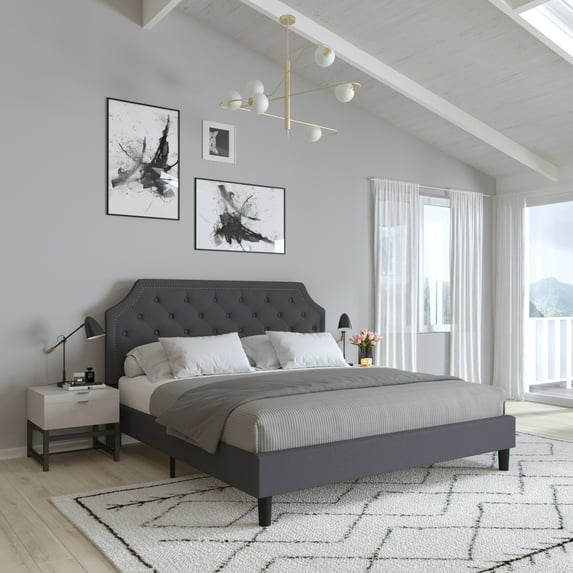 Merrick Lane King Size Platform Bed with Slatted Support Contemporary Dark Gray Tufted Fabric Upholstery with Gold Accent Nail Trim