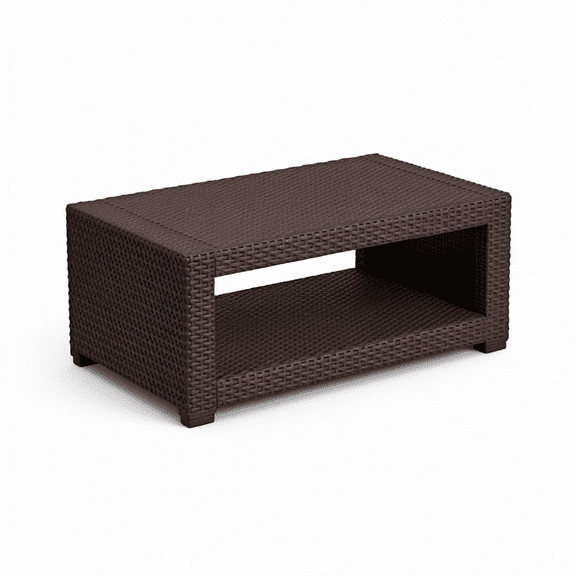 Merrick Lane Malmok Outdoor Coffee Table - Chocolate Brown Faux Rattan Wicker Pattern - All-Weather Accent Table with Shelving