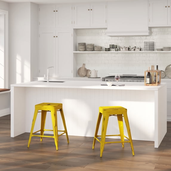 Merrick Lane Metal 24" Counter Height Stool with Distressed Yellow Powder Coated Finish and Integrated Floor Glides