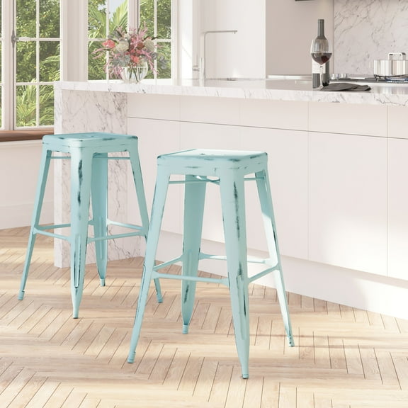 Merrick Lane Metal 30" Bar Height Stool with Distressed Green Blue Powder Coated Finish and Integrated Floor Glides
