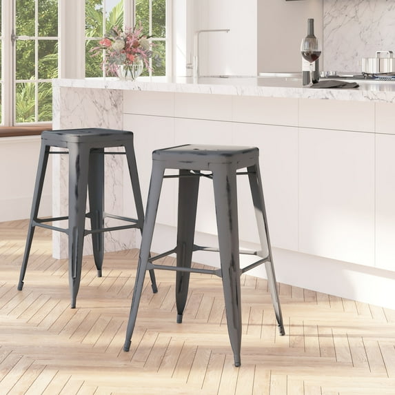 Merrick Lane Metal 30" Bar Height Stool with Distressed Silver Gray Powder Coated Finish and Integrated Floor Glides