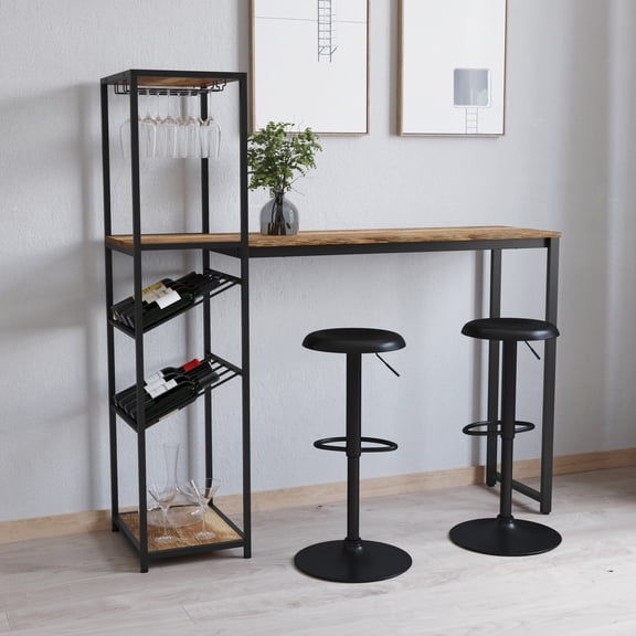 Merrick Lane Metal Bar and Wine Table with Bottle Storage and Hanging Stemware Holders in Black/Light Brown