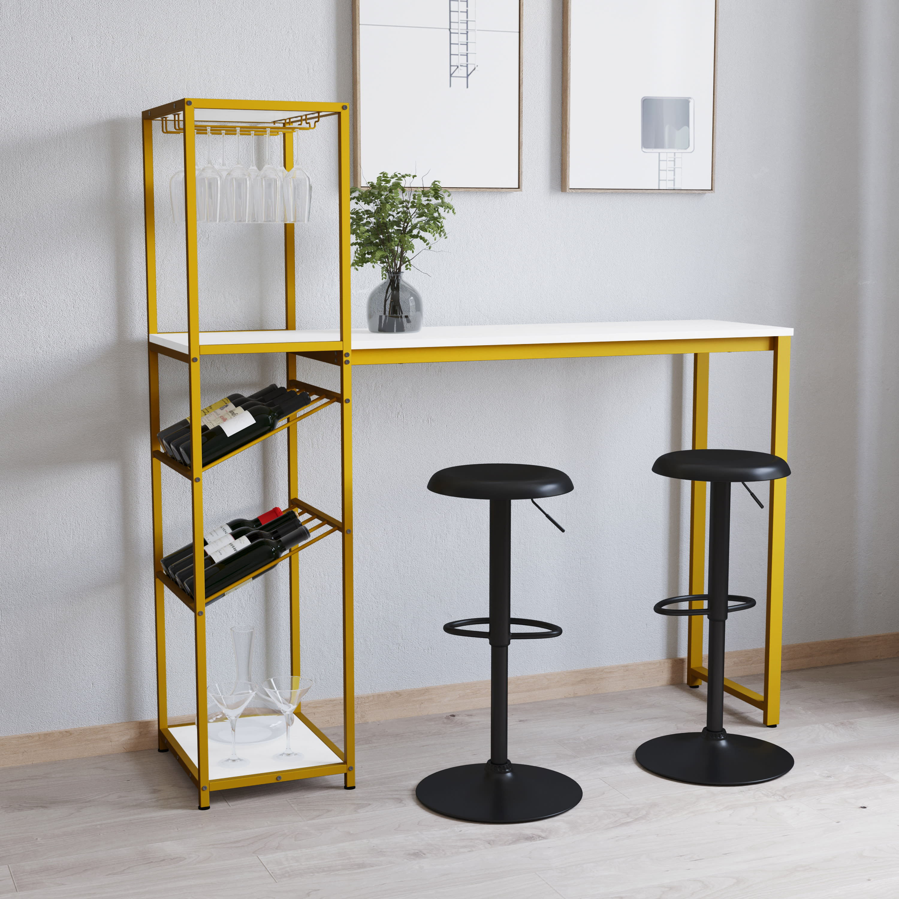 Merrick Lane Metal Bar and Wine Table with Bottle Storage and Hanging