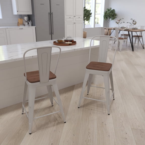 Merrick Lane Metal Counter Bar Stool with Slatted Back and Wood Seat, White