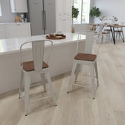 Merrick Lane Metal Counter Bar Stool with Slatted Back and Wood Seat, White