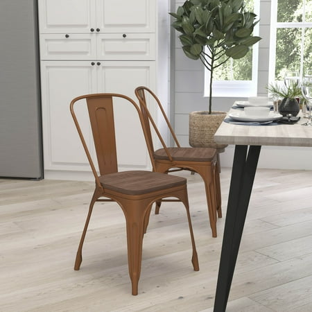 Merrick Lane Metal Stacking Chair in Copper with Curved, Slatted Back and Rustic Wood Seat