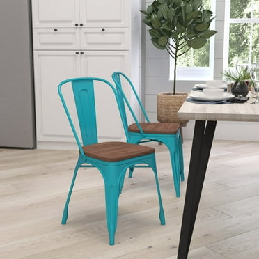 Merrick Lane Metal Stacking Chair in Crystal Teal-Blue with Curved, Slatted Back and Rustic Wood Seat