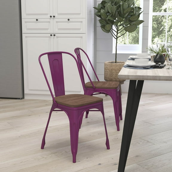 Merrick Lane Metal Stacking Chair in Purple with Curved, Slatted Back and Rustic Wood Seat