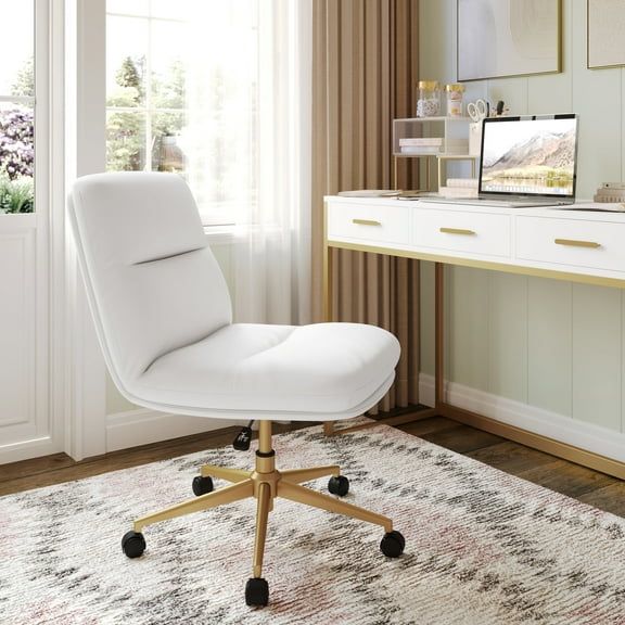 Merrick Lane Mid-Back Height-Adjustable Armless Swivel Office Chair with Wheels - White Padded Faux Leather Back and Seat, Strong Gold Frame