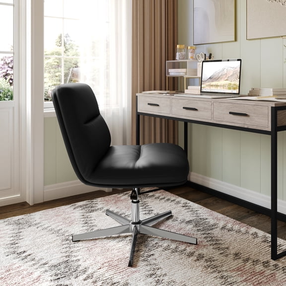 Merrick Lane Mid-Back Height-Adjustable Stationary Armless Swivel Office Chair - Black Padded Faux Leather Wide Back and Seat, Strong Chrome Frame