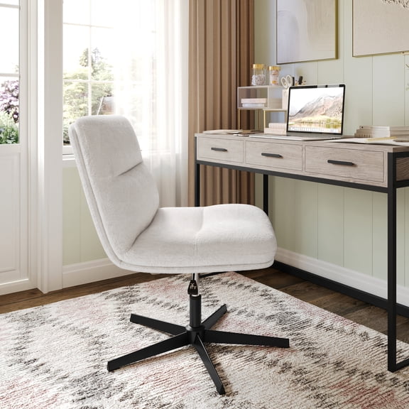 Merrick Lane Mid-Back Height-Adjustable Stationary Armless Swivel Office Chair - Cream Padded Faux Shearling Wide Back and Seat, Strong Black Frame