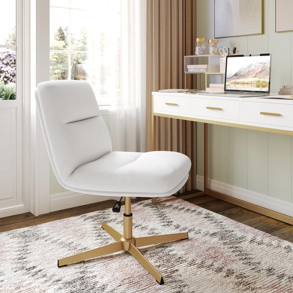 Merrick Lane Mid-Back Height-Adjustable Stationary Armless Swivel Office Chair - White Padded Faux Leather Back and Seat, Strong Gold Frame