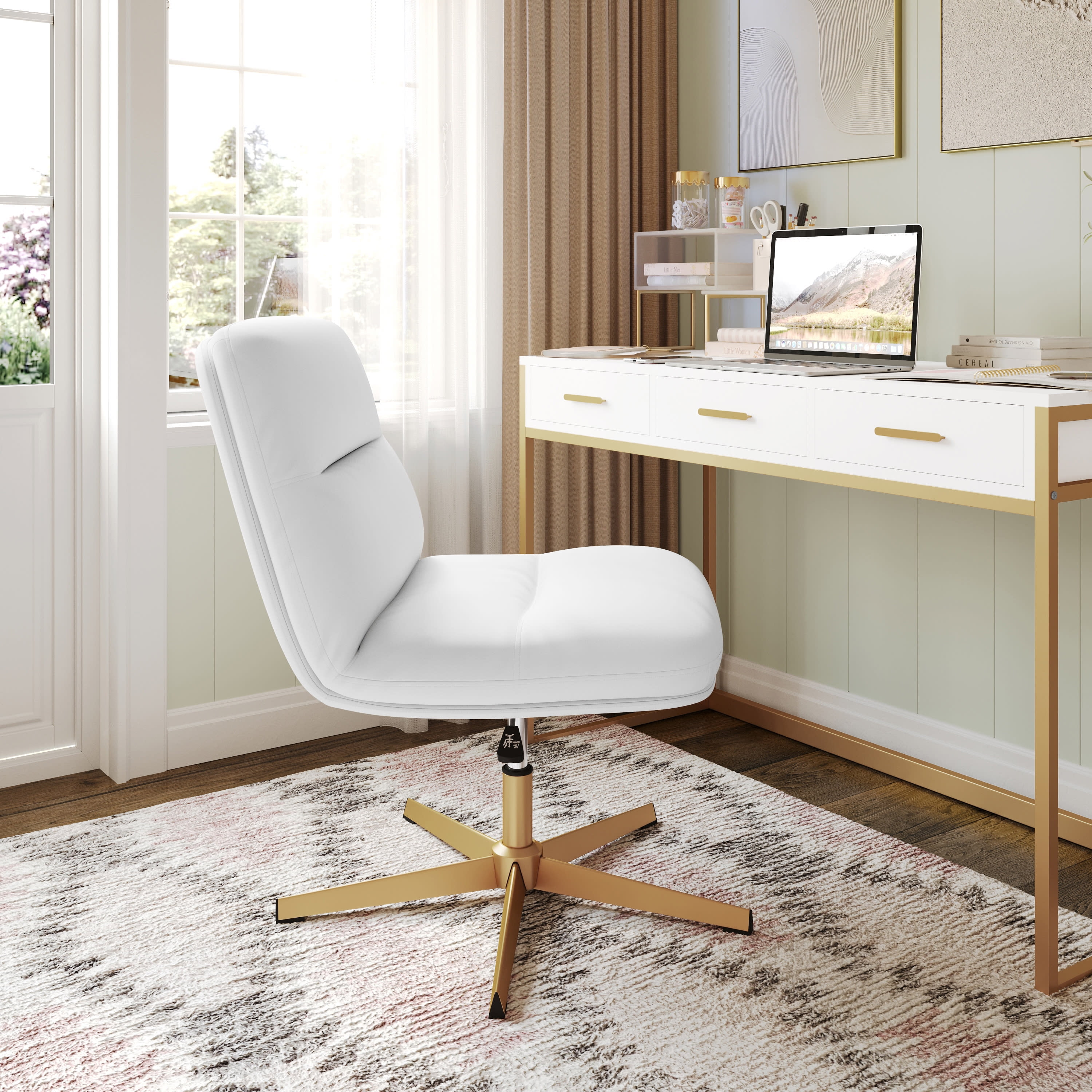 Merrick Lane White High Back Button Tufted Faux Leather Swivel Home Office Chair with Silver Welt Trimmed Arms Walmart