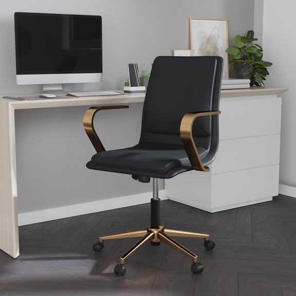 Merrick Lane Mid-Back Home Office Chair with Armrests, Height Adjustable Swivel Seat and Five Star Gold Base, Black Faux Leather