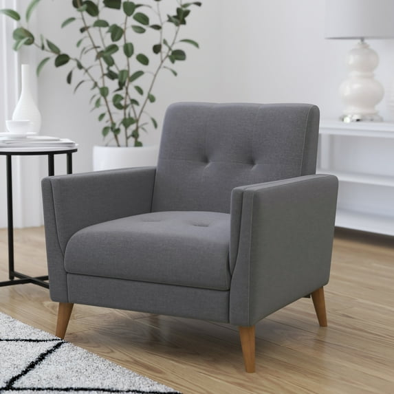 Merrick Lane Mid-Century Modern Armchair with Tufted Faux Linen Upholstery and Solid Wood Legs in Slate Gray