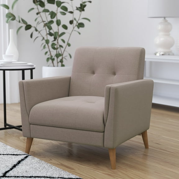 Merrick Lane Mid-Century Modern Armchair with Tufted Faux Linen Upholstery and Solid Wood Legs in Taupe