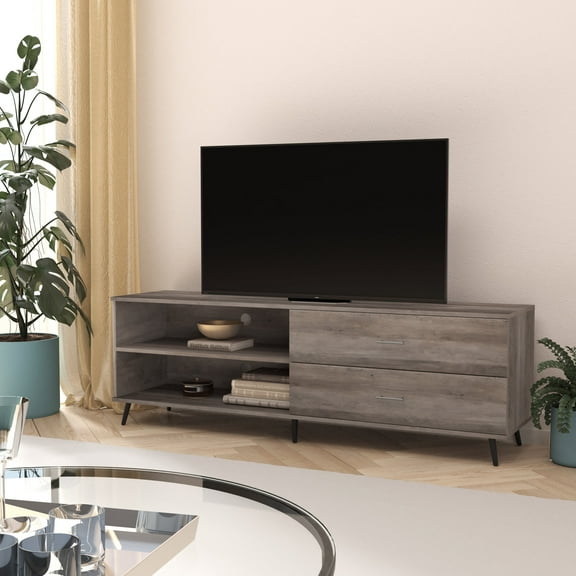 Merrick Lane Mid-Century Modern TV Stand for TV's up to 60" with Adjustable Shelf and Two Drawers in Walnut