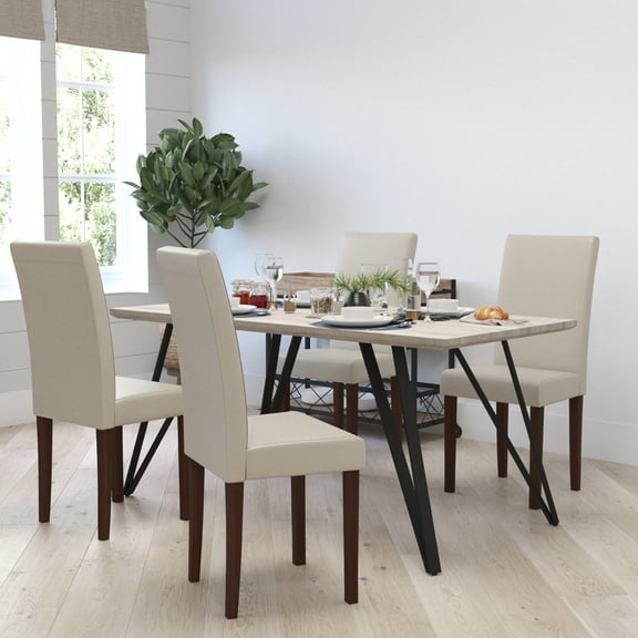 Merrick Lane Mid-Century Panel Back Parsons Accent Dining Chair in Beige Faux Leather - Set of 4