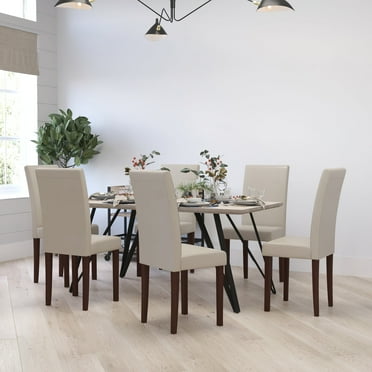 Merrick Lane Mid-Century Panel Back Parsons Accent Dining Chair in Beige Faux Leather - Set of 6