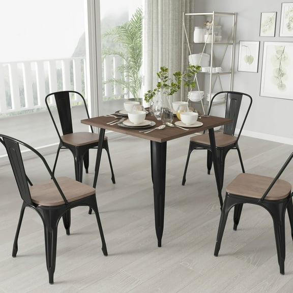 Merrick Lane Modern 31.5" Square Black Metal Table with Rustic Walnut Finished Wood Top for Indoor Use