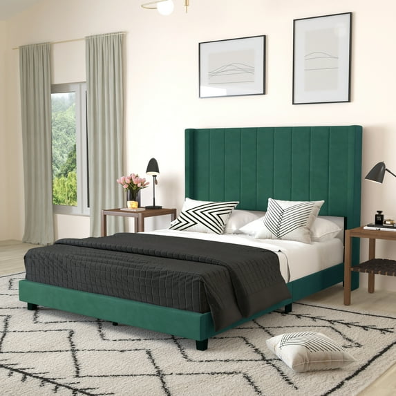 Merrick Lane Modern Emerald Velvet Upholstered Queen Platform Bed Frame with Padded, Tufted Wingback Headboard and Wood Support Slats, No Box Spring Required